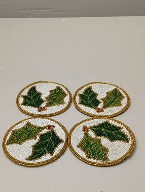 Vintage Beaded Holly Coasters - White, Green & Gold